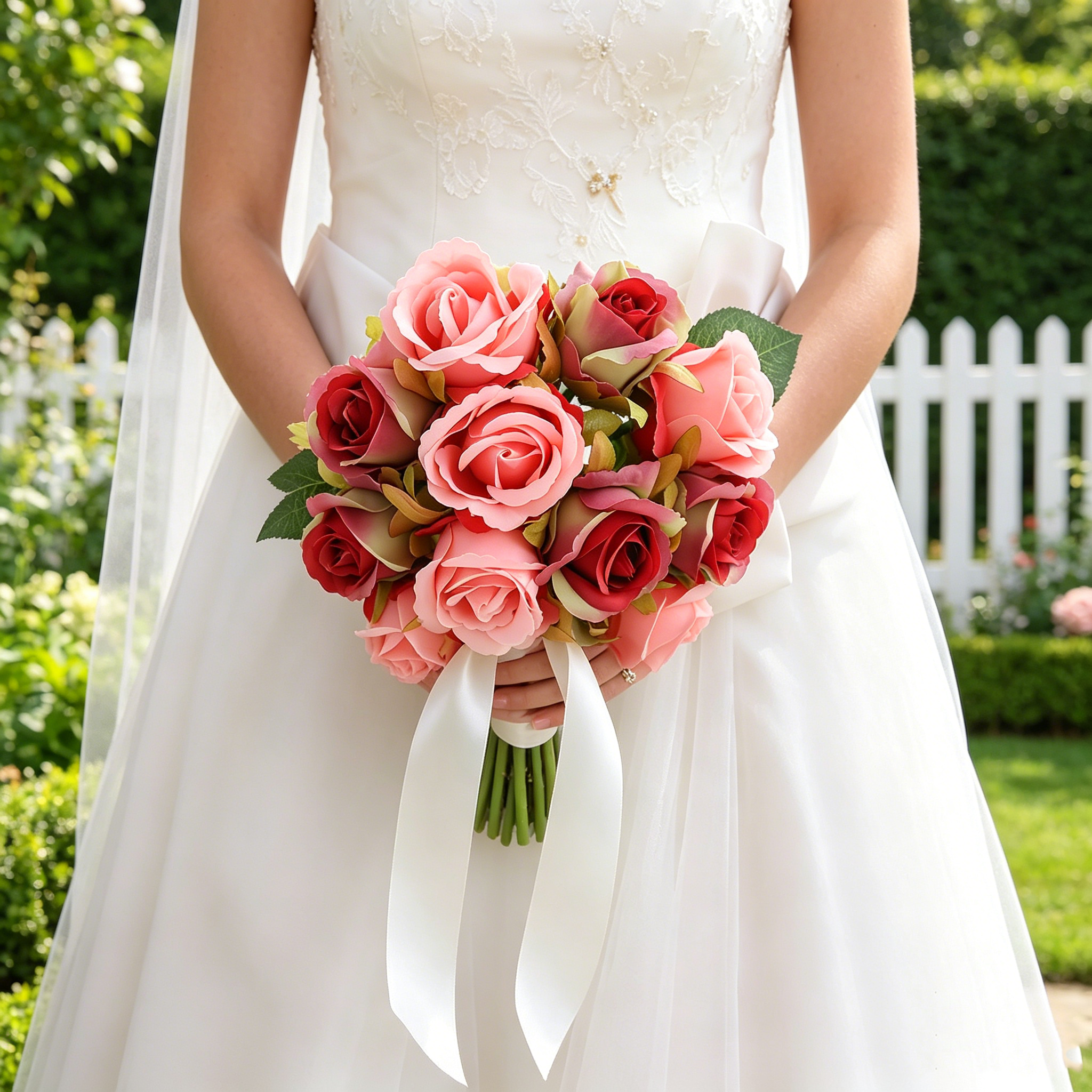 Silk Rose Bouquet 12pcs Red with Pink Artificial Roses Faux Flowers for Home Decor & Wedding
