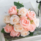 Silk Rose Bouquet 12pcs Champagne Artificial Roses Faux Flowers for Home Decor & Wedding