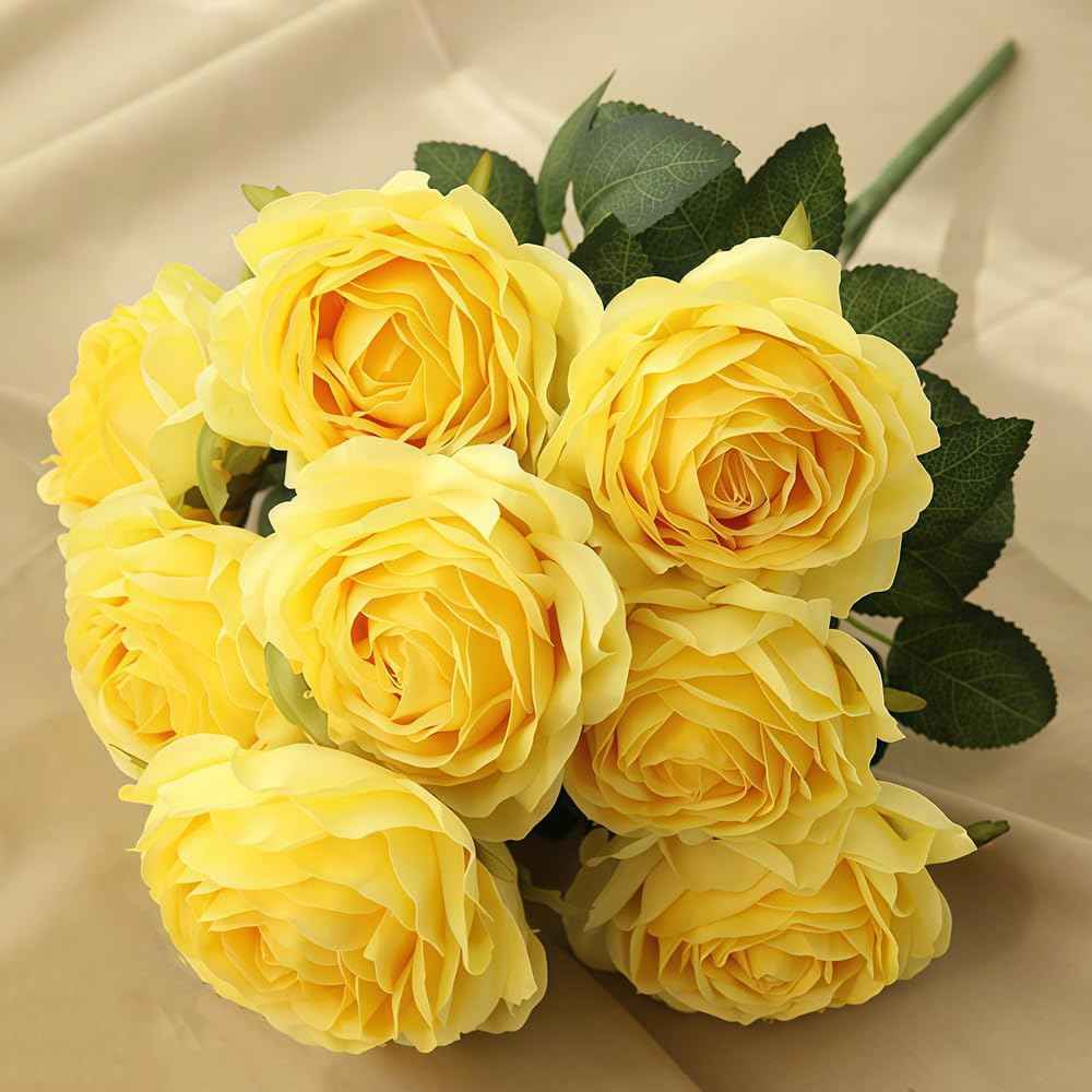 Silk Rose Bouquet 10 Heads Yellow Artificial Roses Faux Flowers for Home Decor & Wedding