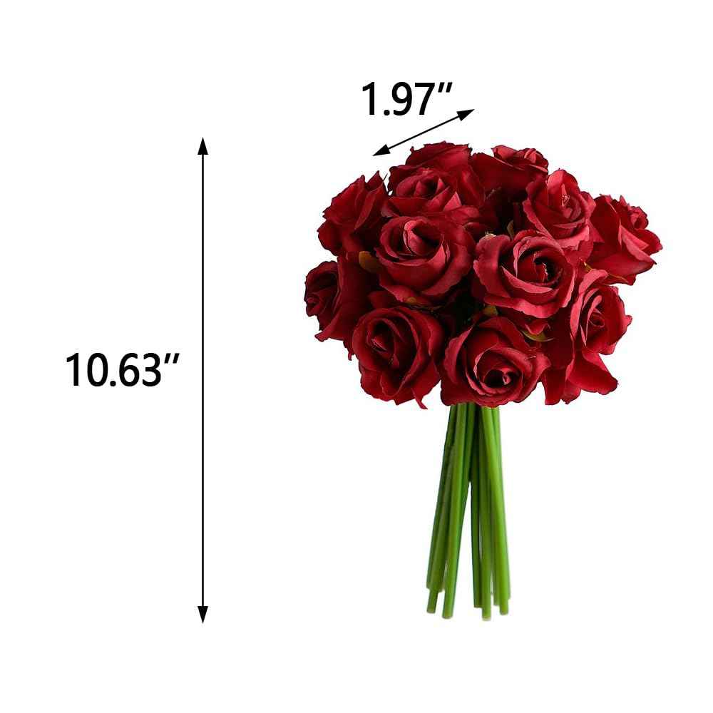 Silk Rose Bouquet 12pcs Red Artificial Roses Faux Flowers for Home Decor & Wedding