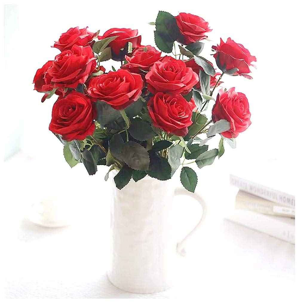 Silk Rose Bouquet 10 Heads Red Artificial Roses Faux Flowers for Home Decor & Wedding