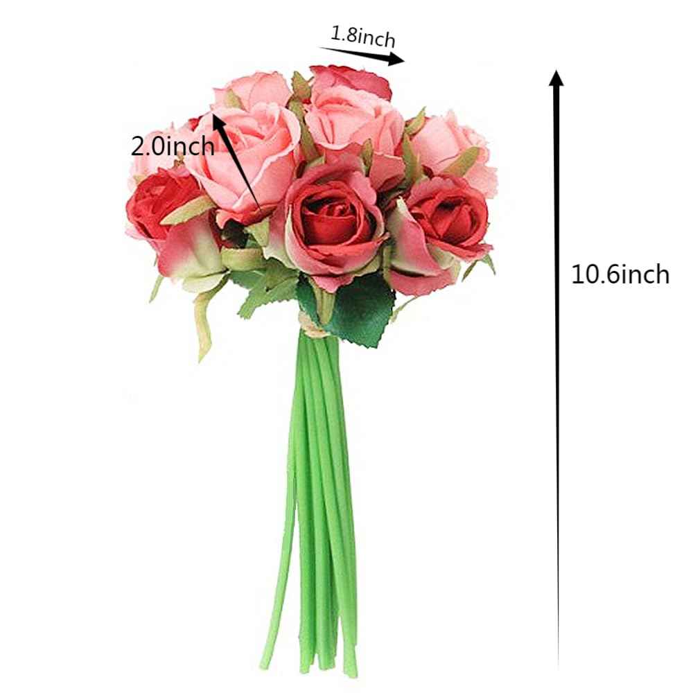Silk Rose Bouquet 12pcs Red with Pink Artificial Roses Faux Flowers for Home Decor & Wedding