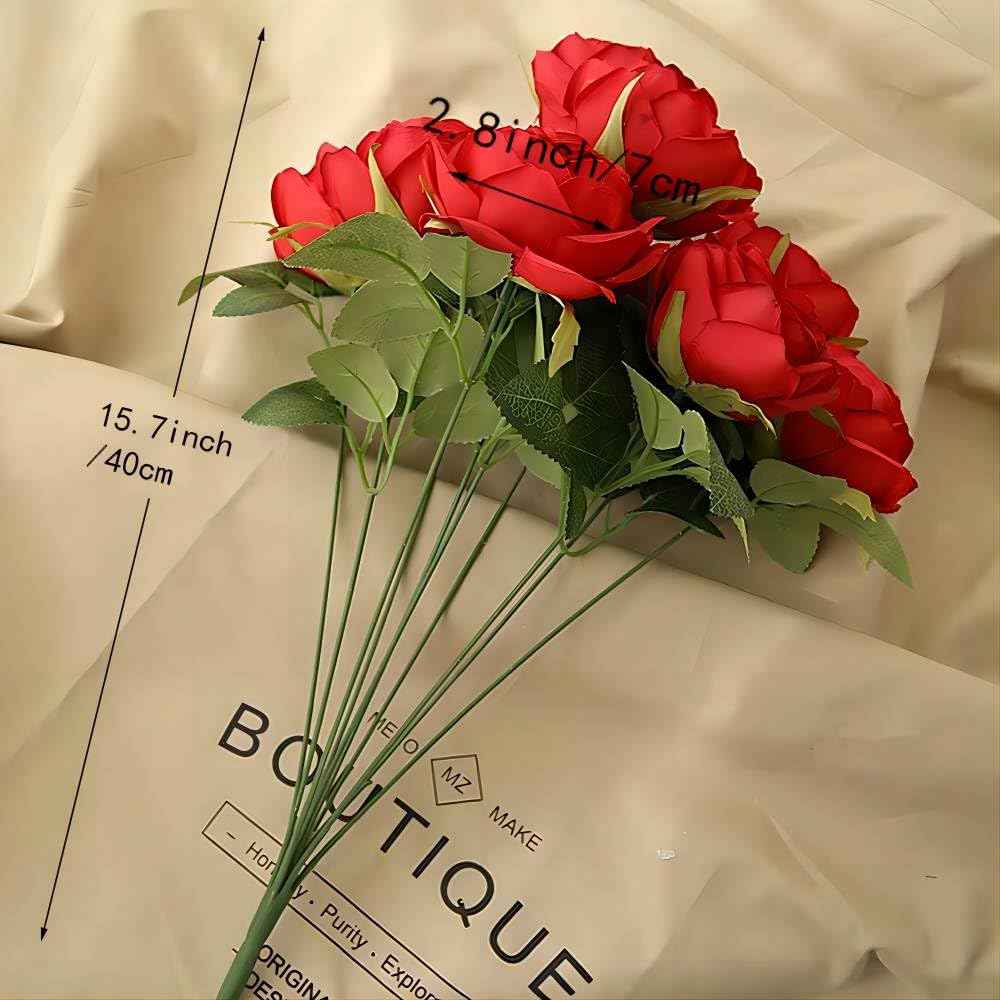 Silk Rose Bouquet 10 Heads Red Artificial Roses Faux Flowers for Home Decor & Wedding