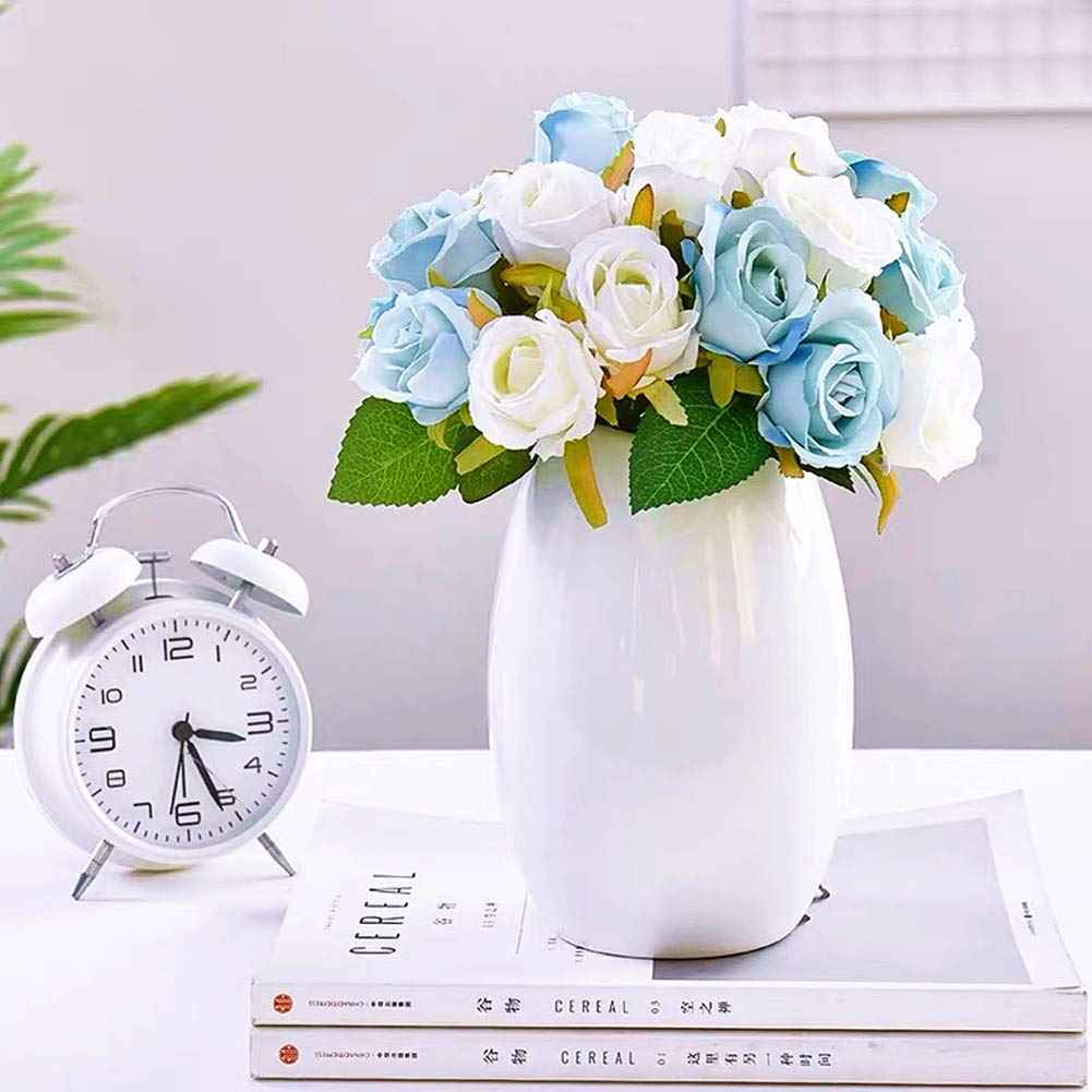Silk Rose Bouquet 12pcs Blue Artificial Roses Faux Flowers for Home Decor & Wedding