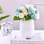 Silk Rose Bouquet 12pcs Blue Artificial Roses Faux Flowers for Home Decor & Wedding