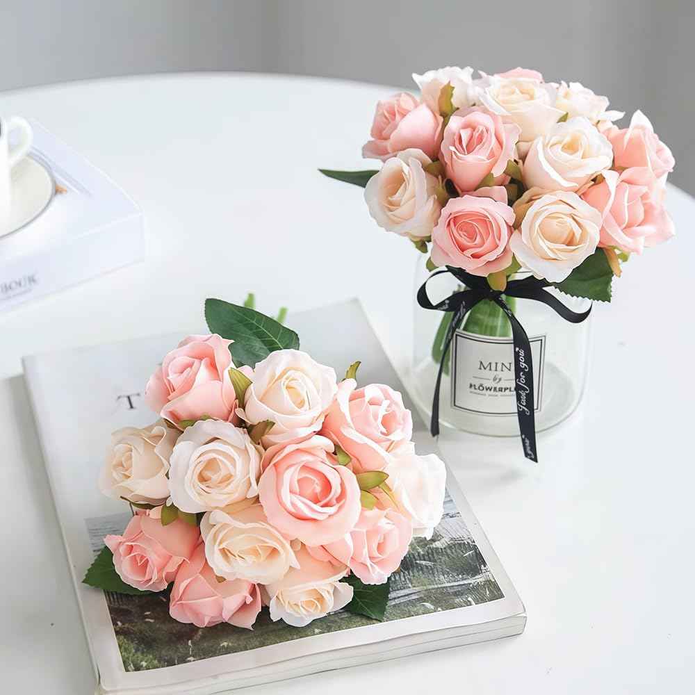 Silk Rose Bouquet 12pcs Champagne Artificial Roses Faux Flowers for Home Decor & Wedding