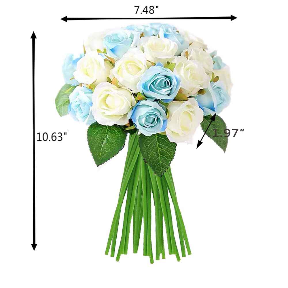 Silk Rose Bouquet 12pcs Blue Artificial Roses Faux Flowers for Home Decor & Wedding
