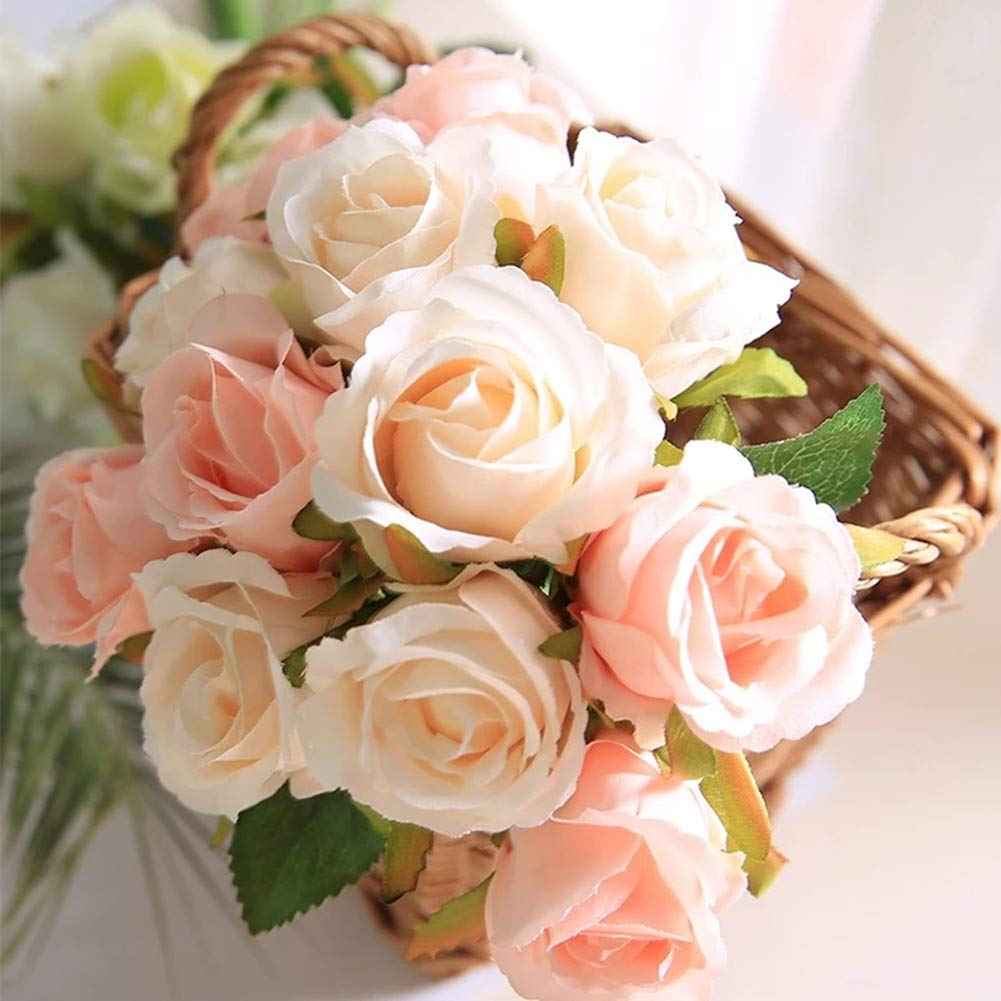 Silk Rose Bouquet 12pcs Champagne Artificial Roses Faux Flowers for Home Decor & Wedding