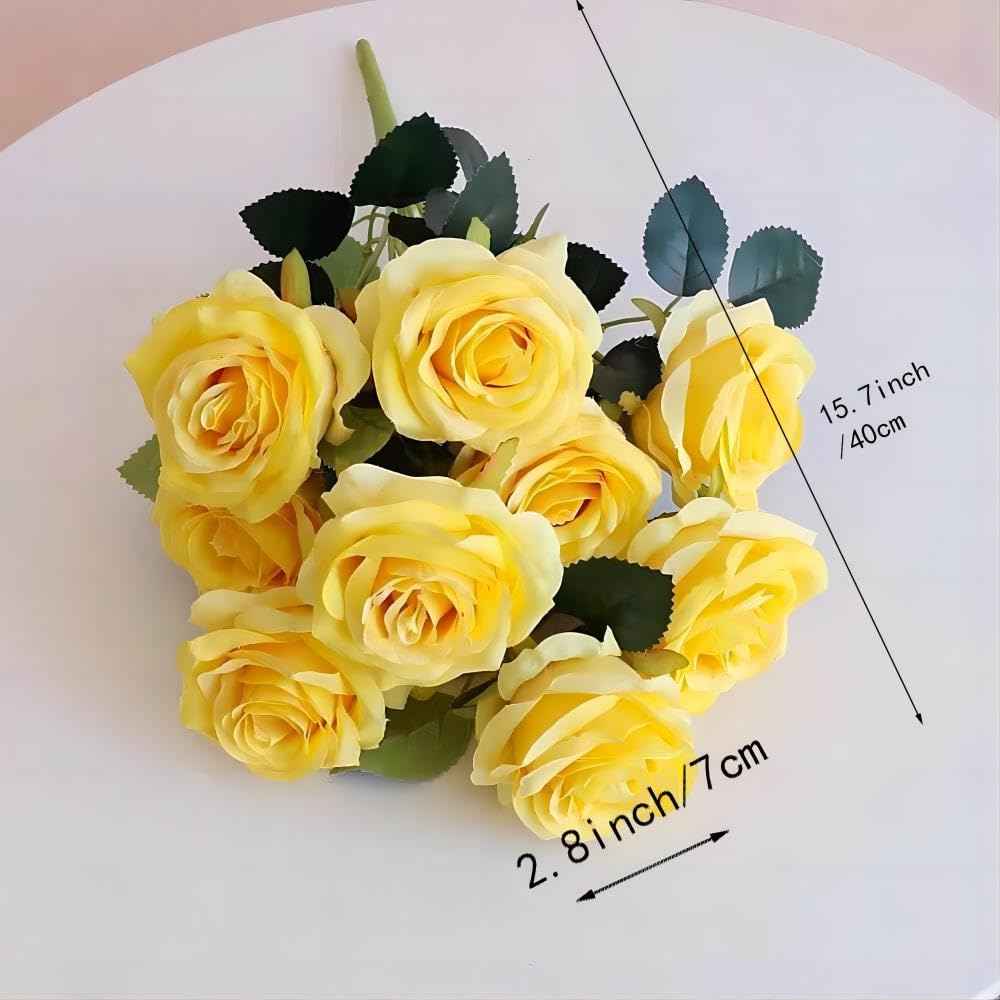 Silk Rose Bouquet 10 Heads Yellow Artificial Roses Faux Flowers for Home Decor & Wedding
