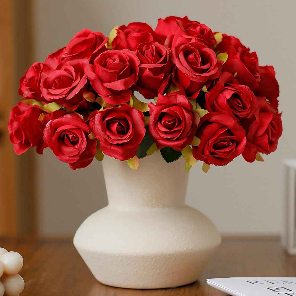 Silk Rose Bouquet 12pcs Red Artificial Roses Faux Flowers for Home Decor & Wedding