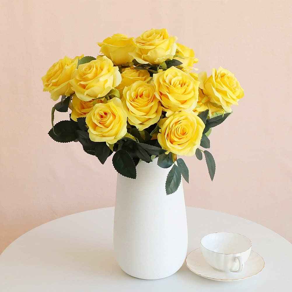 Silk Rose Bouquet 10 Heads Yellow Artificial Roses Faux Flowers for Home Decor & Wedding