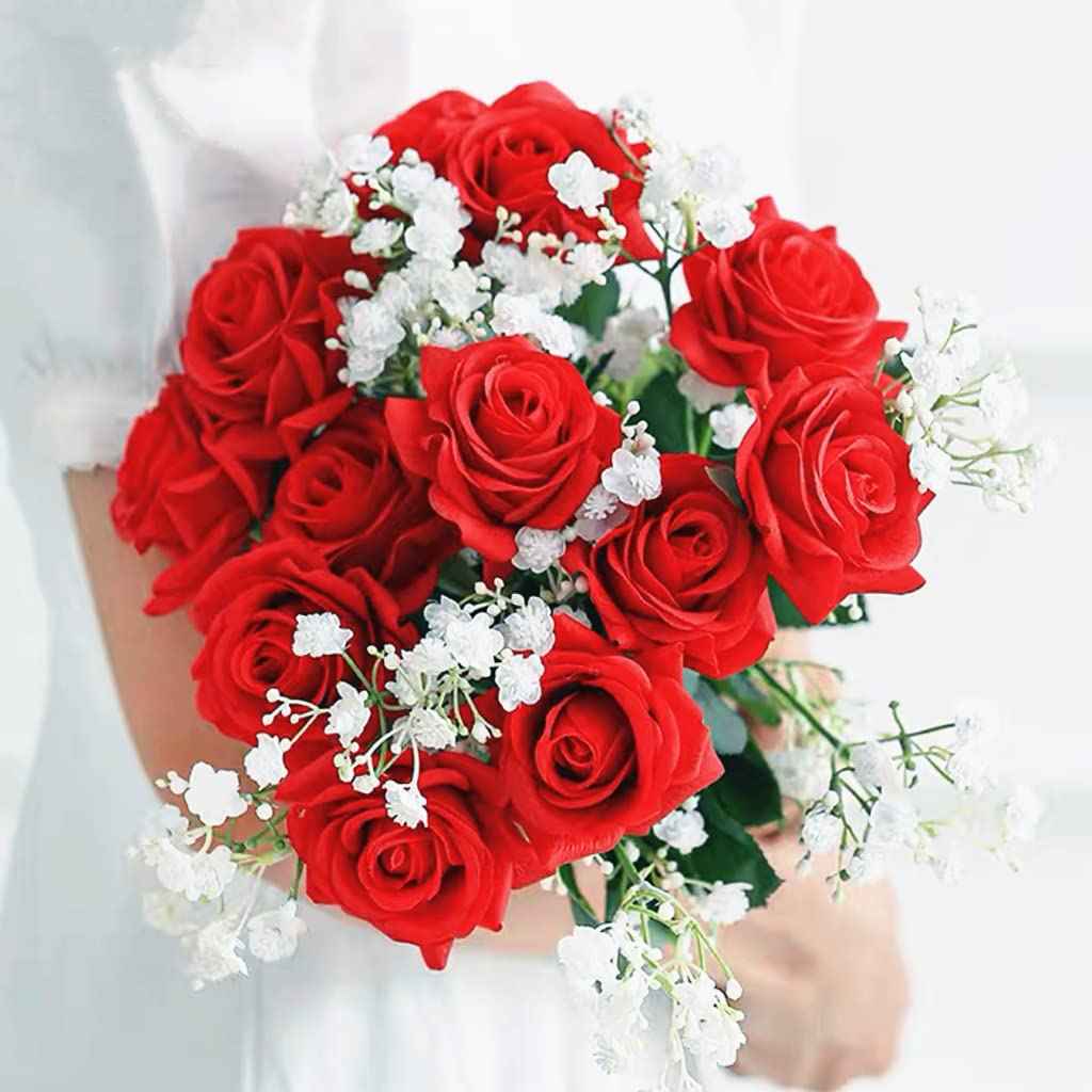 Silk Rose Bouquet 10 Heads Red Artificial Roses Faux Flowers for Home Decor & Wedding