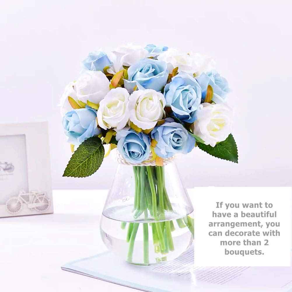 Silk Rose Bouquet 12pcs Blue Artificial Roses Faux Flowers for Home Decor & Wedding