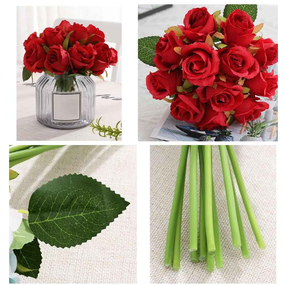 Silk Rose Bouquet 12pcs Red Artificial Roses Faux Flowers for Home Decor & Wedding