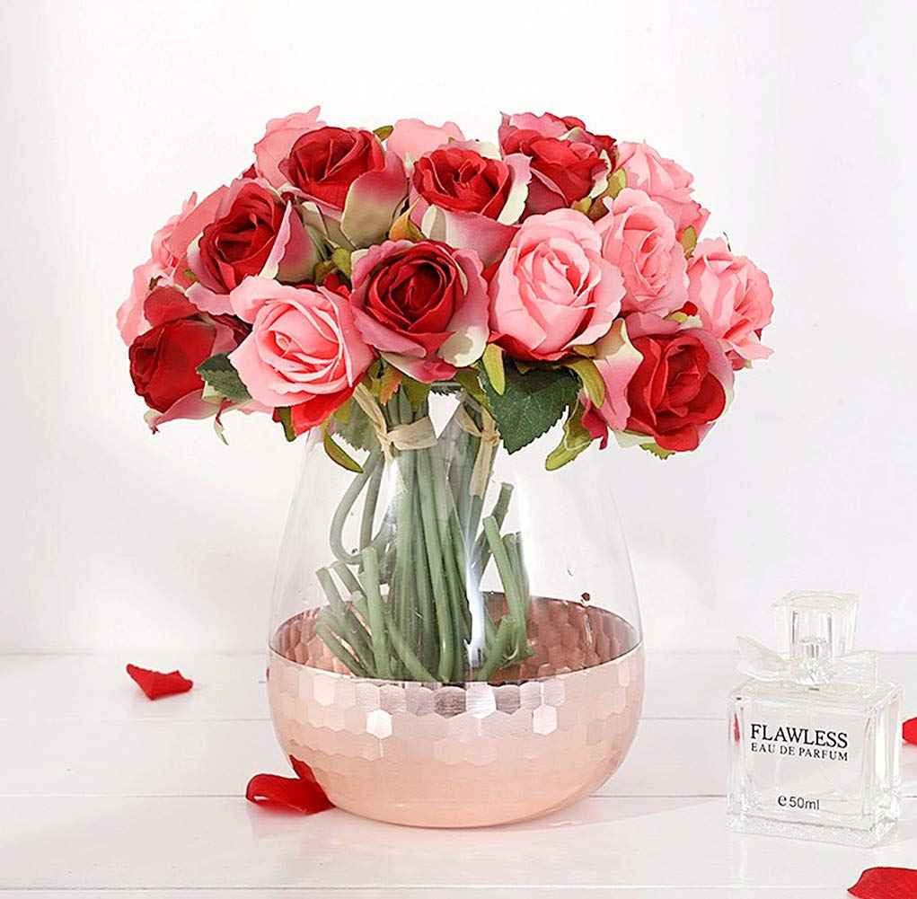 Silk Rose Bouquet 12pcs Red with Pink Artificial Roses Faux Flowers for Home Decor & Wedding