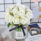 Silk Rose Bouquet 12pcs White Artificial Roses Faux Flowers for Home Decor & Wedding