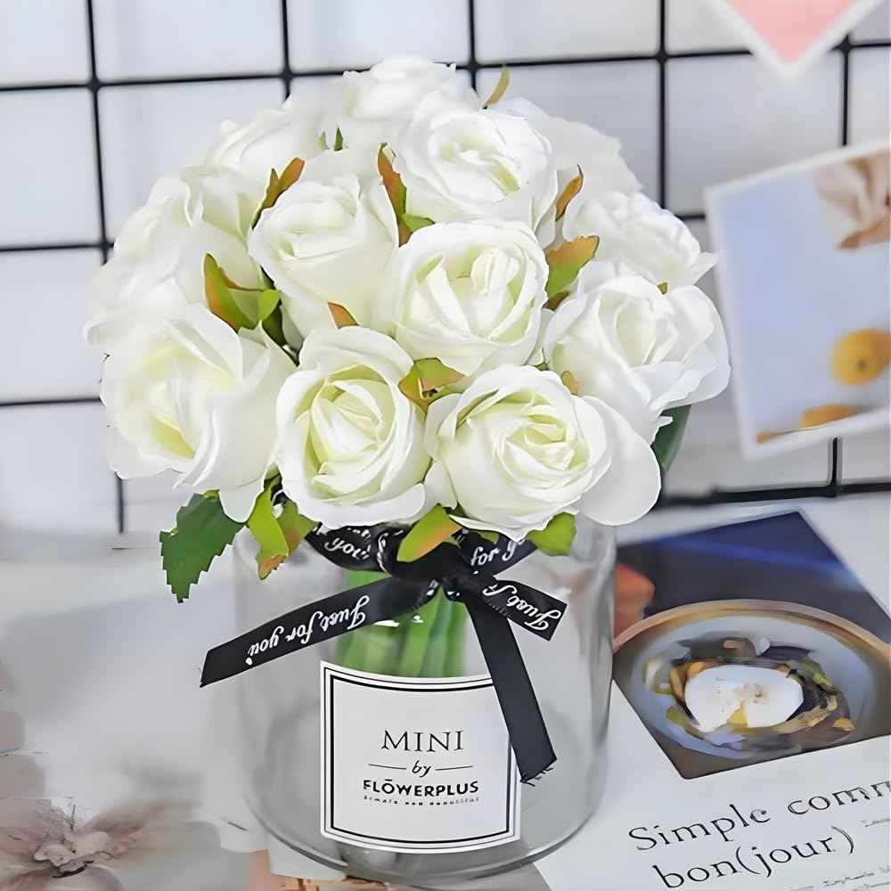 Silk Rose Bouquet 12pcs White Artificial Roses Faux Flowers for Home Decor & Wedding