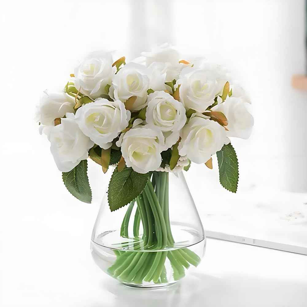Silk Rose Bouquet 12pcs White Artificial Roses Faux Flowers for Home Decor & Wedding