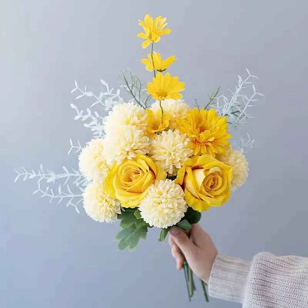 Silk Rose Bouquet 10 Heads Yellow Artificial Roses Faux Flowers for Home Decor & Wedding