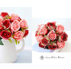Silk Rose Bouquet 12pcs Red with Pink Artificial Roses Faux Flowers for Home Decor & Wedding
