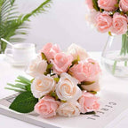 Silk Rose Bouquet 12pcs Champagne Artificial Roses Faux Flowers for Home Decor & Wedding