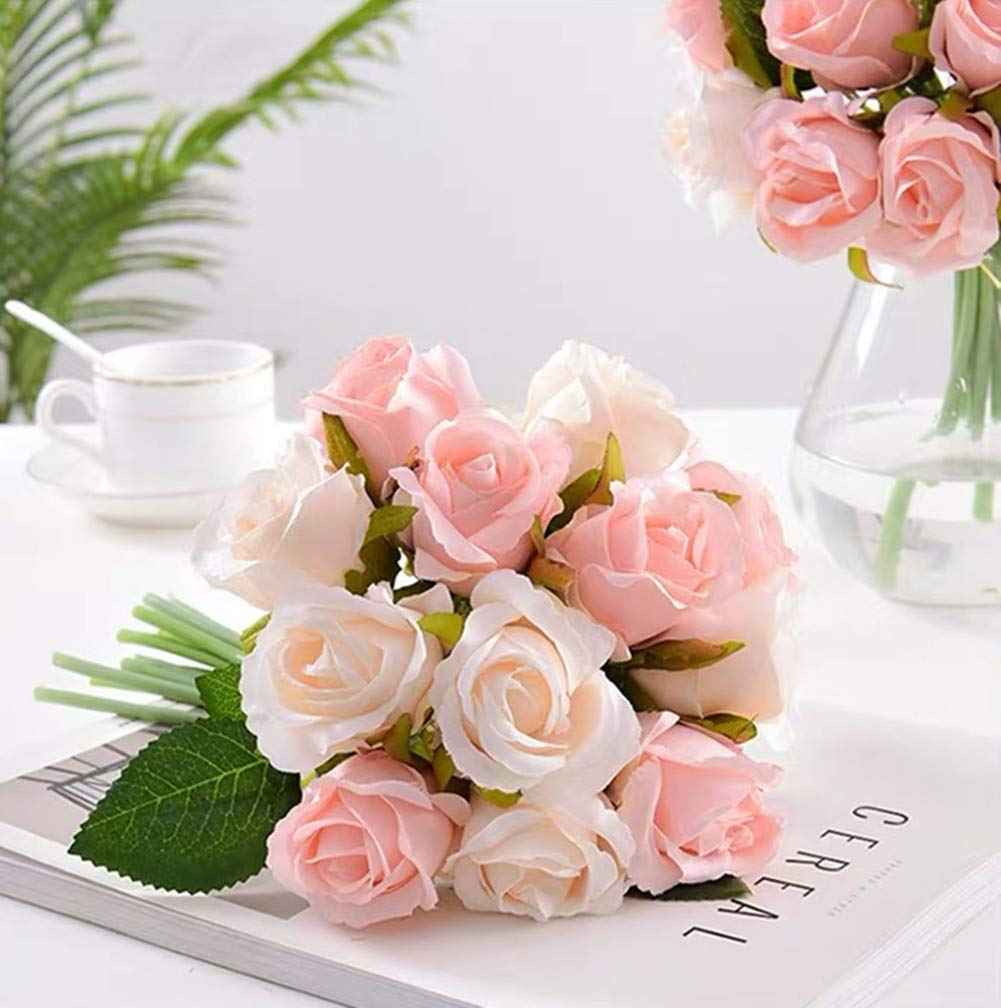 Silk Rose Bouquet 12pcs Champagne Artificial Roses Faux Flowers for Home Decor & Wedding