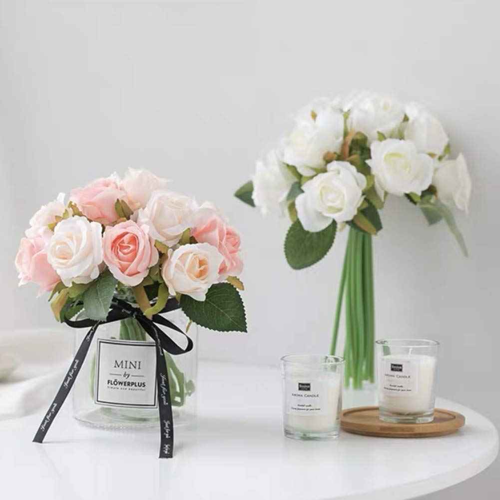 Silk Rose Bouquet 12pcs White Artificial Roses Faux Flowers for Home Decor & Wedding